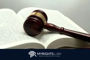 A judge’s gavel rests on an open law book, with the MyRights.Law criminal defense and DUI lawyer logo at the bottom, highlighting the expertise of your trusted Los Angeles Misdemeanor Lawyer.