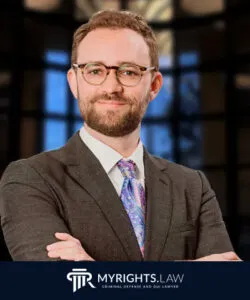 A man in a suit and tie stands with arms crossed. He wears glasses and has a trimmed beard. The image features the MyRights.Law logo and the text