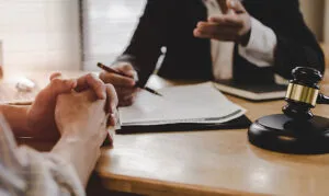 Two people sit at a desk discussing documents; one is holding a pen while the other listens. A gavel is visible on the table, suggesting a legal or judicial setting.