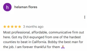 Una reseña de Google realizada por Helaman Flores le otorga cinco estrellas, elogiando a este bufete de abogados de Riverside por su profesionalismo y éxito en la eliminación de un caso de DUI, lo que lo convierte en la mejor opción para cualquiera que busque un abogado experto en justicia penal en Riverside CA.