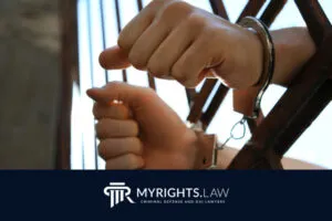 A person’s hands are shown handcuffed to iron bars, with a MyRights.Law logo and text for criminal defense, DUI lawyers, and Rancho Cucamonga CACI Removal Lawyer at the bottom.